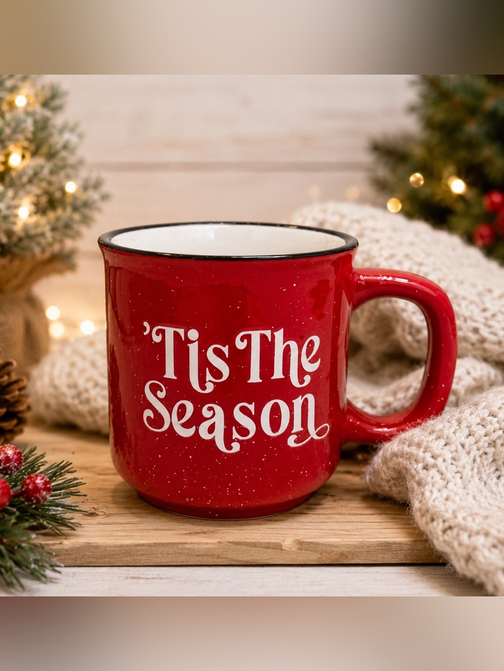 Tis The Season Red Speckled Ceramic Christmas Coffee Mug Black Rim 16 oz